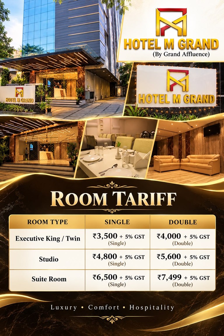 Hotel M Grand room tariff card listing Single and Double rates for Executive King / Twin, Studio and Suite rooms, plus 5% GST